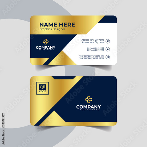 Professional Navy Blue and Gold Business Card Design with Diagonal Highlight. Stylish minimalist business card in navy blue with premium golden typography.
