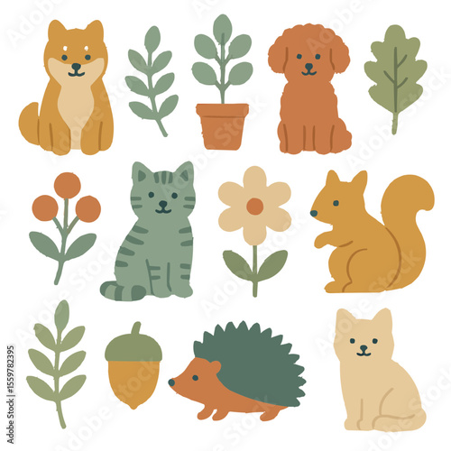 北欧風の動物と植物のシンプルなイラストセット