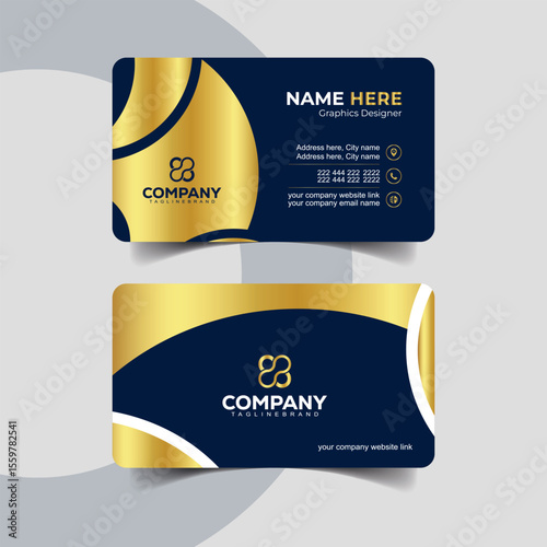 Luxury Navy Blue and Gold Business Card Template with Fluid Wave Pattern. Stylish minimalist business card in navy blue with premium golden typography.