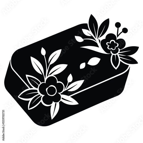 Floral Soap Bar Design Elegant Black and White Illustration of a Rectangular Soap with Intricate Floral Embellishments, Perfect for Spa Products, Natural Soaps, and Handmade Soap Packaging