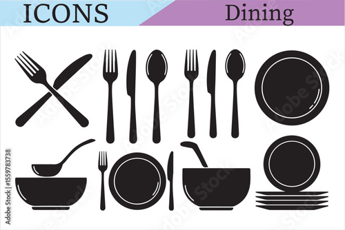 Dining Icon Set: Clean and minimalist design, with a collection of utensils and dinnerware perfect for illustrating dining-related concepts or design projects.