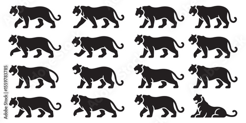 Monochrome Roaring Predators Set in Pattern Silhouette Style Depicting Powerful Black Panthers Hunting in the Shadows with Ferocious Grace