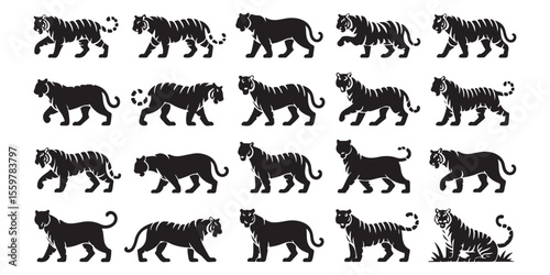 Collection of Majestic Tiger Silhouettes Striking Black and White Imagery Presenting Various Poses and Gaits Symbolizing Power and Elegance