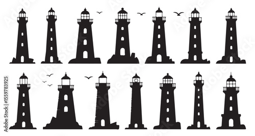 Silhouetted Lighthouses Amidst Open Sea A Beacon of Hope and Guidance Across the Watery Expanse Nautical Coastal Scene