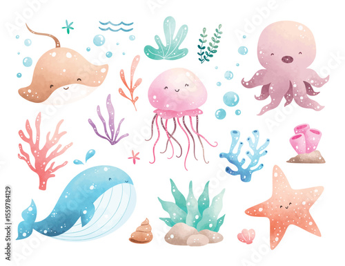 Watercolor Illustration Set of Sea Animals and Corals.
