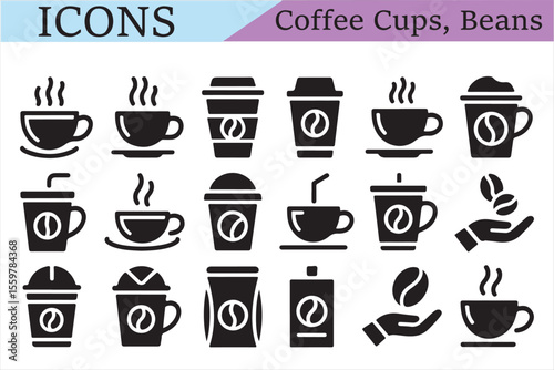 Coffee Cup Icons: A collection of elegantly crafted coffee cup icons, each depicting a unique style and design, ideal for a variety of design uses.