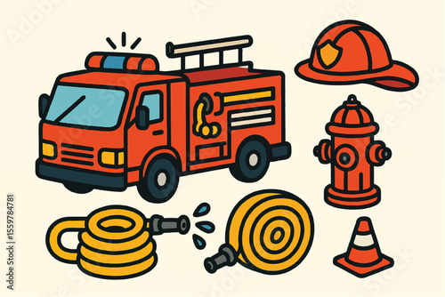  Cartoon fire truck set with helmet, hydrant, hose, cone. Playful, vector illustrations 