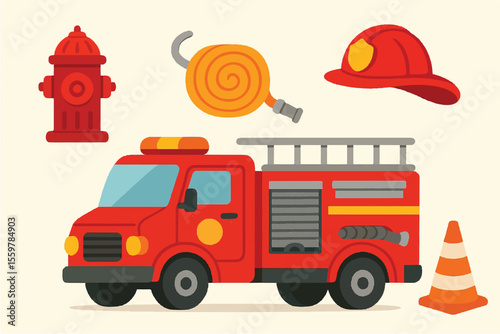  Cartoon fire truck set with helmet, hydrant, hose, cone. Playful, vector illustrations 
