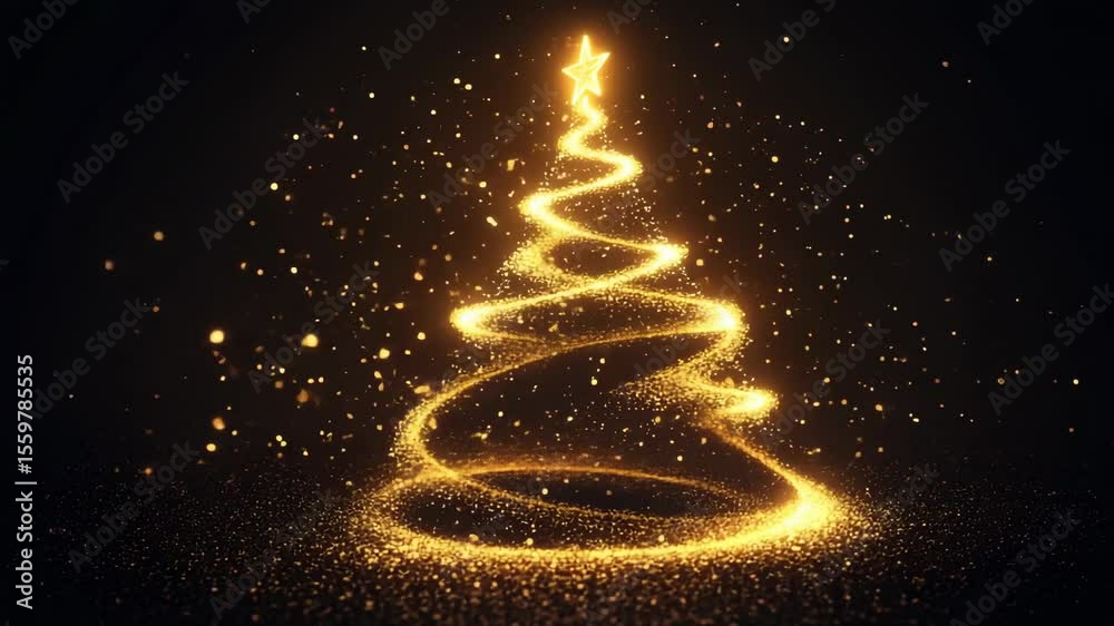 Glowing Christmas tree made of golden light spirals on dark background with sparkling particles