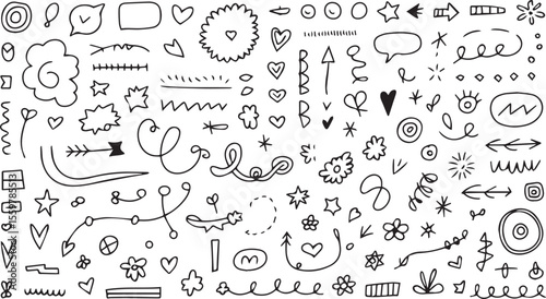 Artistic doodle collection with hand drawn shapes, abstract elements, symbols and ornaments, all isolated on white, ideal for backgrounds, presentations, and creative projects.