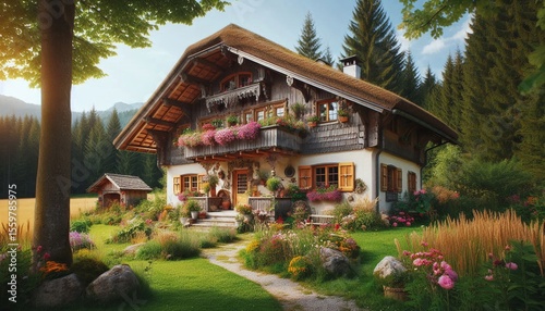 Rustic house with flowery grassy garden