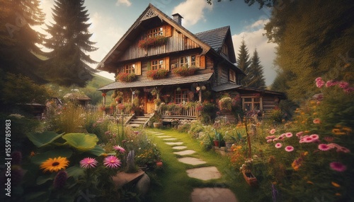 Rustic house with flowery grassy garden