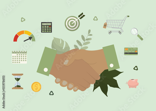 Business handshake partnership with procurement icons. Professional agreement concept poster suitable for corporate presentations and marketing campaigns. Sustainable procurement. Vector illustration