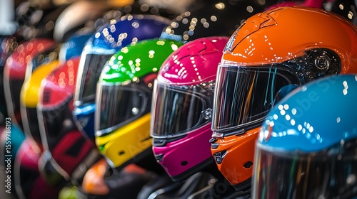 Row of vivid motorcycle helmets showcases safety gear and colorful accessories for riders