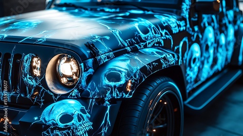 Powerful car embodies darkness with a striking skull design and neon blue accents, creating a bold statement.
