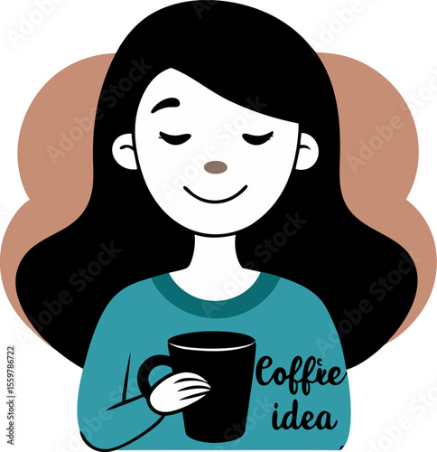  A woman with closed eyes and a smile, holding a large mug of dark coffee in line art icon