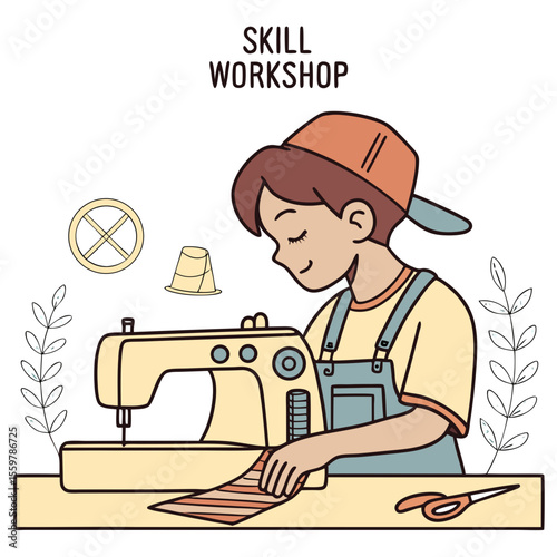 Young person learning to sew at a skill workshop with sewing machine and fabric