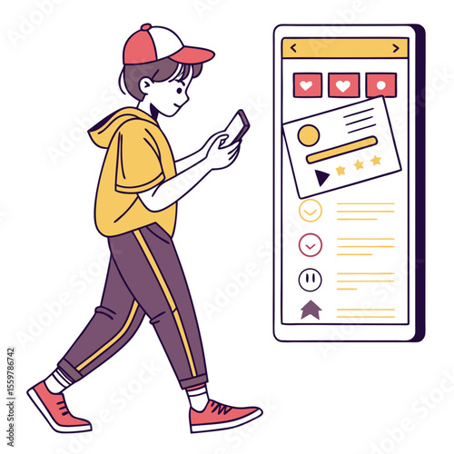 Young person in casual clothes using a smartphone with social media feed and ratings