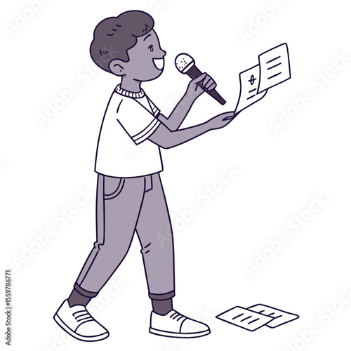 Young boy holding a microphone and reading from papers while walking