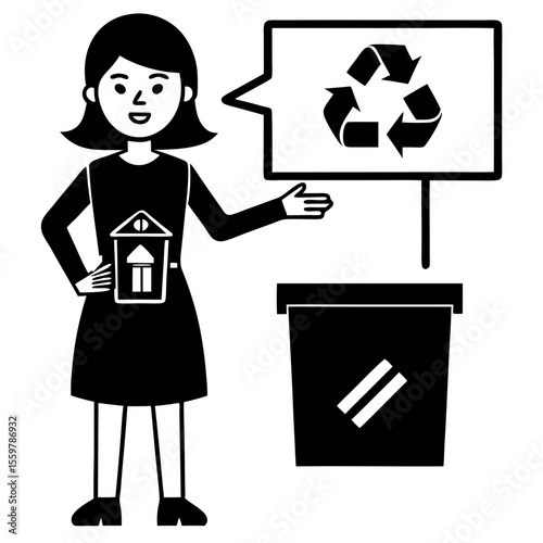 Woman teaching about recycling and waste management with a recycling bin