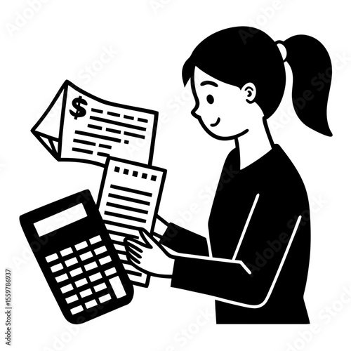 Young woman with ponytail calculating finances using a calculator and papers