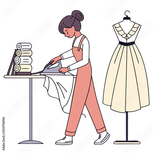 Woman ironing clothes on a board next to a dress on a mannequin