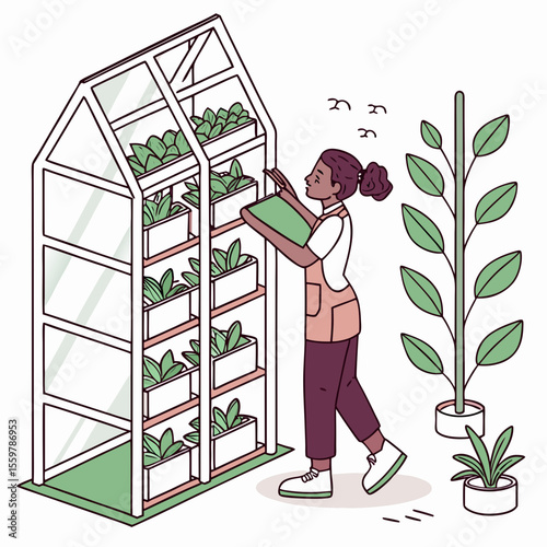 Woman tending to plants in a modern vertical greenhouse with a clipboard
