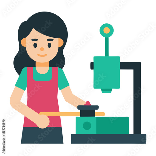 Woman operating a small industrial machine in a workshop setting
