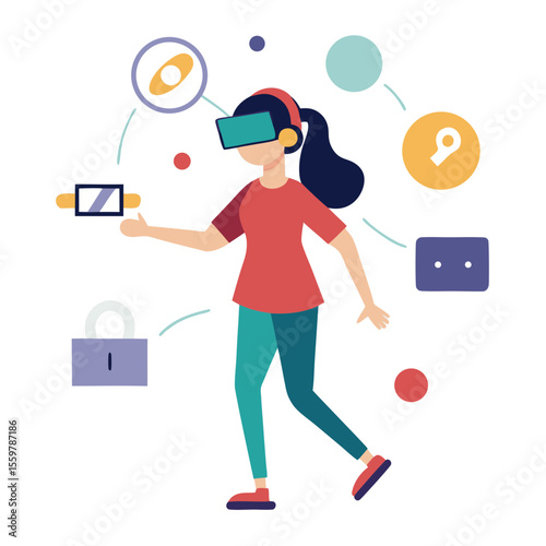 Woman wearing virtual reality headset interacting with digital elements and icons