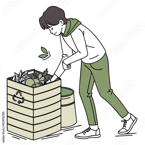 Person sorting organic waste into a compost bin with vegetables and leaves