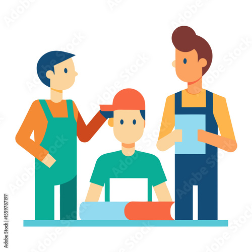 Two construction workers teaching a young apprentice on a job site
