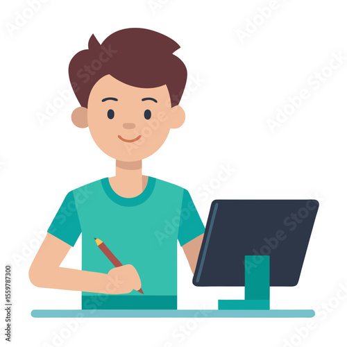 Young boy drawing on a digital tablet with a stylus in front of a computer
