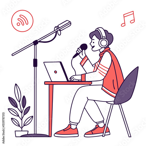 Young person wearing headphones speaks into a microphone while working on a laptop