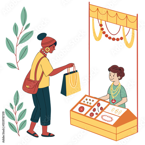 Woman shopping for jewelry at an outdoor market stall with a vendor