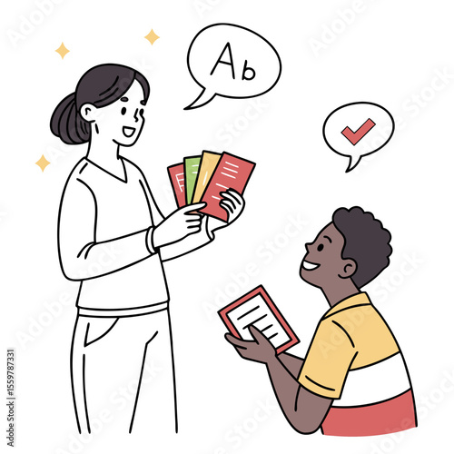 Teacher showing flashcards to a student during a language learning lesson