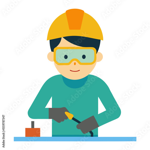 Cartoon welder wearing safety helmet and goggles working with welding torch