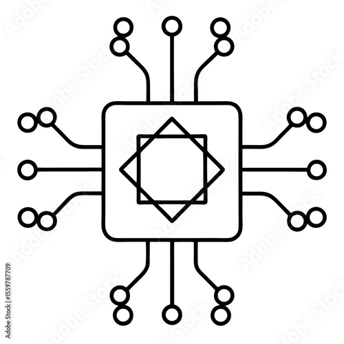 Quantum computing processor line art vector illustration