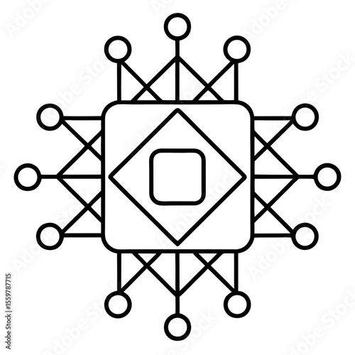Quantum computing processor line art vector illustration