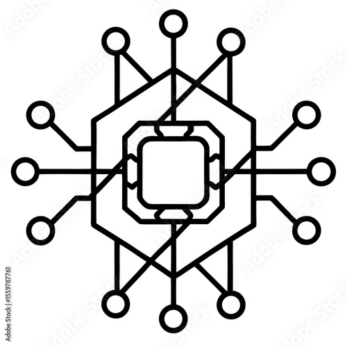 Quantum computing processor line art vector illustration