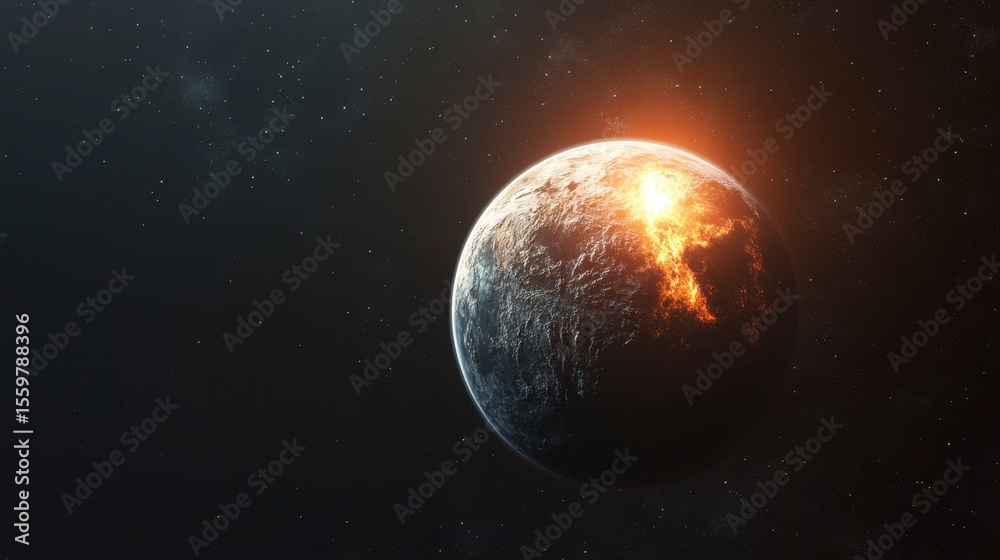 Obraz premium Dramatic Cosmic Scene of Earth with Fiery Eruption in Space