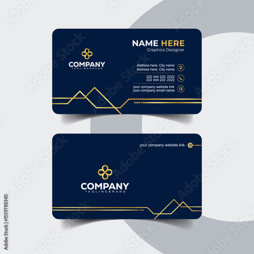 Elegant Navy Blue and Gold Business Card Design with Framed Border. Elegant corporate card template featuring dark navy blue with golden highlights.