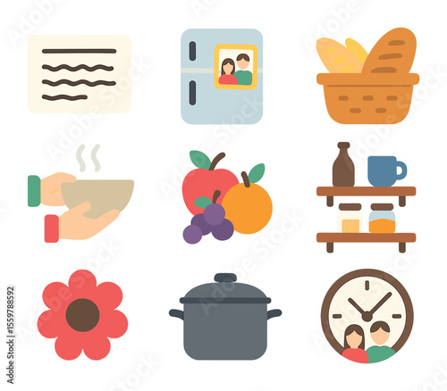 Craft Icons Grid. Flat icon set of hobby and craft organization: thread spool rack, craft drawer cart, bead