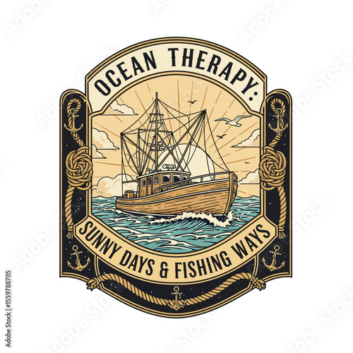 vintage fishing logo, Ocean Therapy Emblem, Nautical-Themed Illustration, Sunny Days & Fishing Ways Label.


