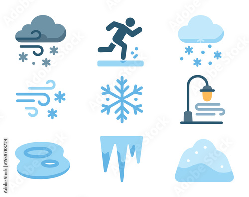 Solar Energy Icon Set. Flat icon set of solar energy farms: solar panels, sun icon, inverter box, energy meter