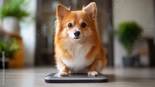 Adorable Pomeranian Dog Sitting on Weighing Scale at Home