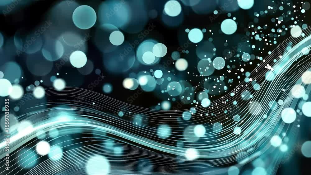 Animation with abstract digital illustration featuring vibrant blue and teal bokeh lights with flowing lines creating a sense of movement and depth in the composition