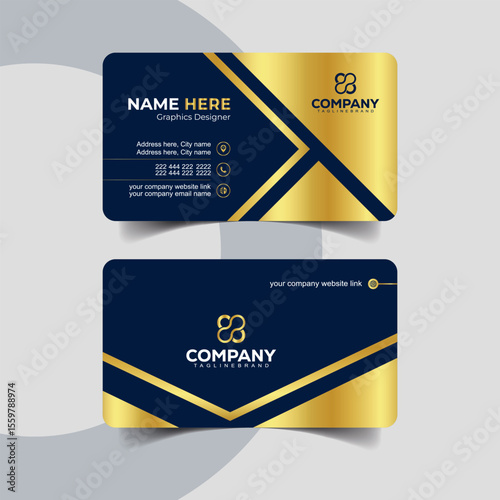Minimal Navy Blue and Gold Business Card Design with Horizontal Grid Lines. Elegant corporate card template featuring dark navy blue with golden highlights.