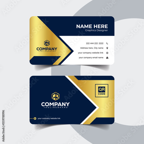 Creative Navy Blue and Gold Business Card with Triangular Elements
