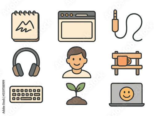Emotional Support Icons. Flat icon set of emotional support tools: empathy icon, calming tea, warm blanket,