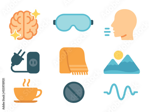 Wearable Tech Icons. Flat icon set of wearable tech: smart glasses, VR headset, smart ring, earpiece, fitness